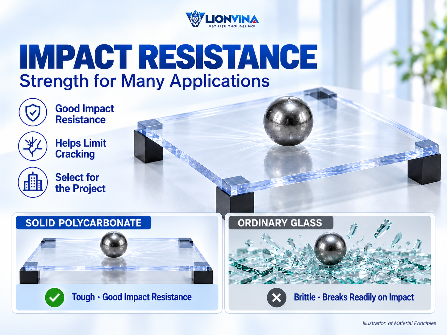 Illustration comparing an intact solid polycarbonate sheet beneath a steel ball with ordinary glass broken by impact