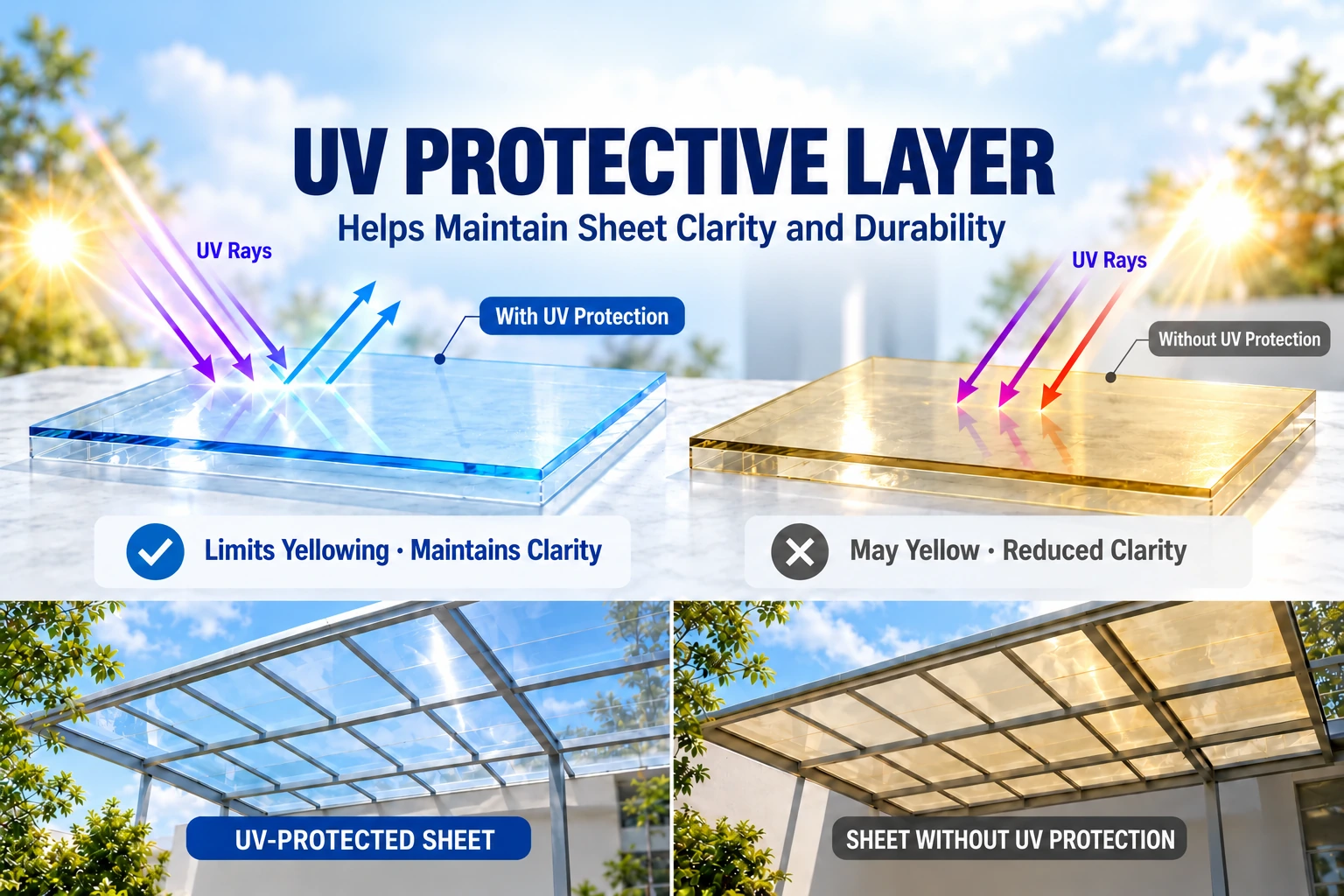 Comparison of polycarbonate sheets with and without a UV protective layer, with corresponding daylighting roofs