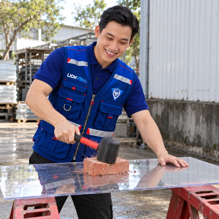 Minh họa tác động bằng búa lên viên gạch đặt trên tấm polycarbonate
