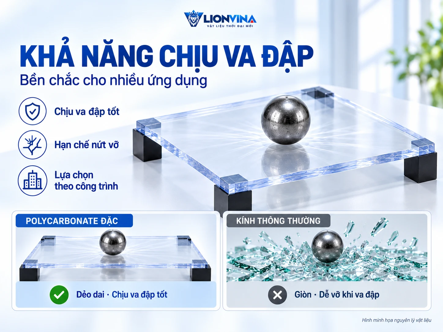 Minh họa tấm Polycarbonate đặc nguyên vẹn dưới quả cầu thép, đối chiếu với kính thông thường bị vỡ khi va đập