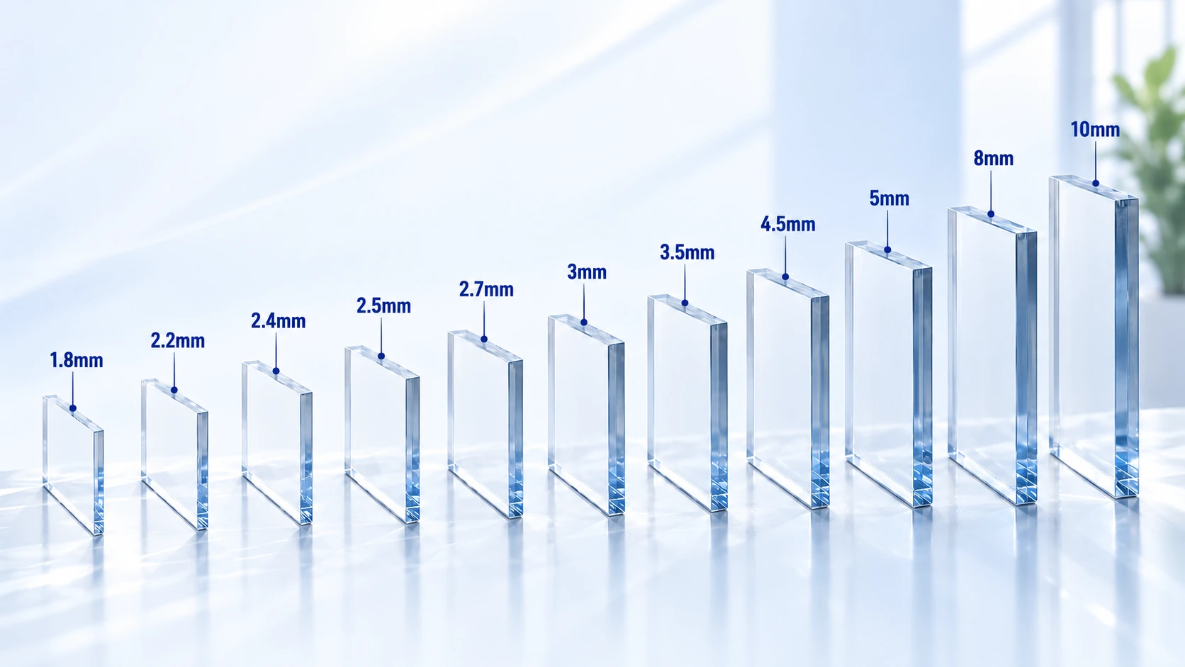 Các tấm Polycarbonate đặc minh họa độ dày 1.8, 2.2, 2.4, 2.5, 2.7, 3, 3.5, 4.5, 5, 8 và 10 mm