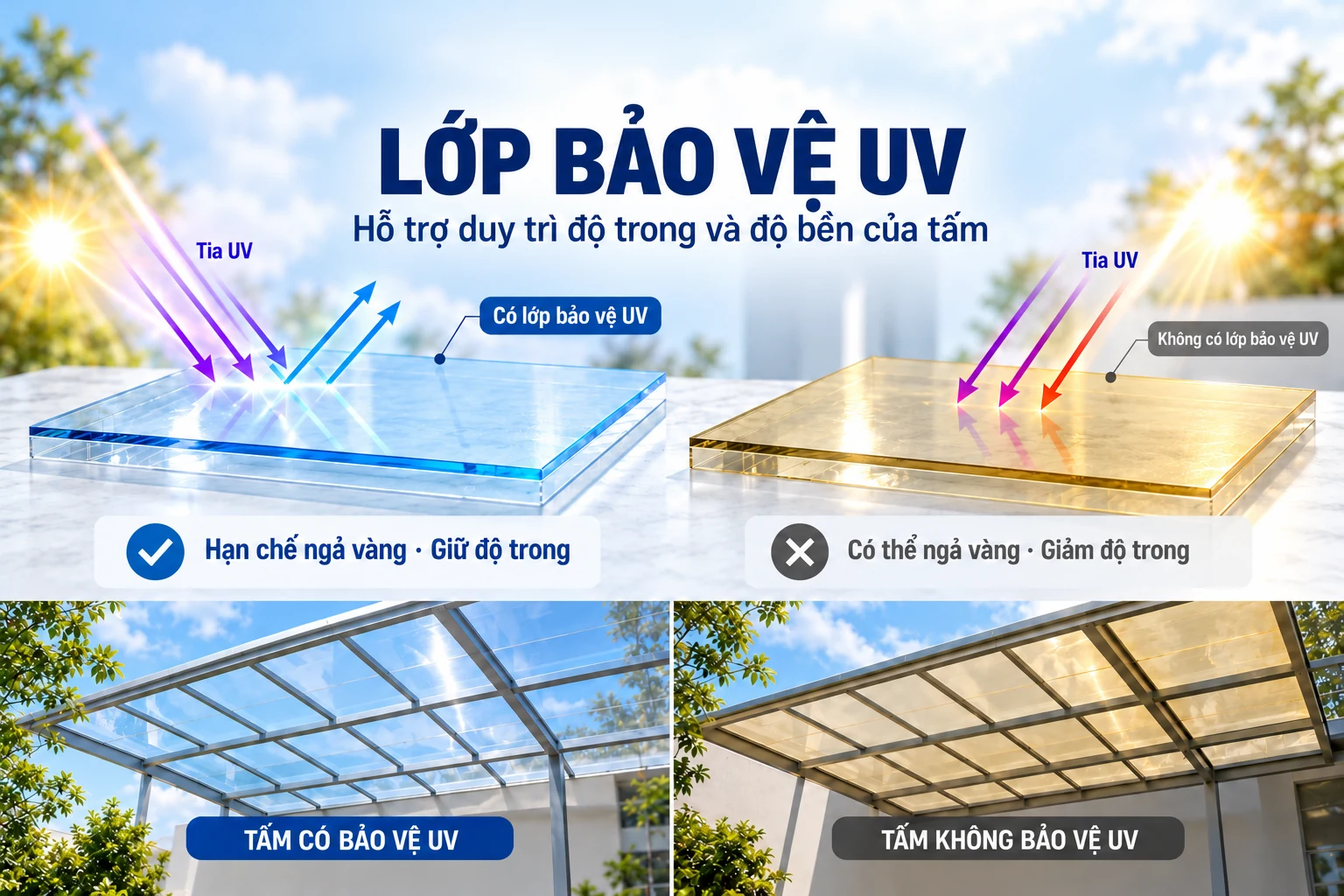 Đối chiếu tấm Polycarbonate có lớp bảo vệ UV và tấm không có lớp bảo vệ UV, cùng mái lấy sáng tương ứng