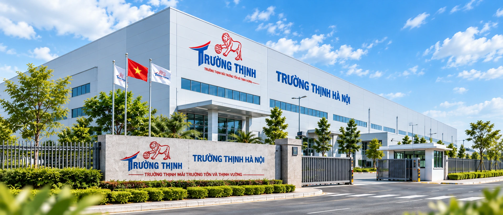 Nhà máy Trường Thịnh Hà Nội với mặt tiền, cổng và không gian cây xanh