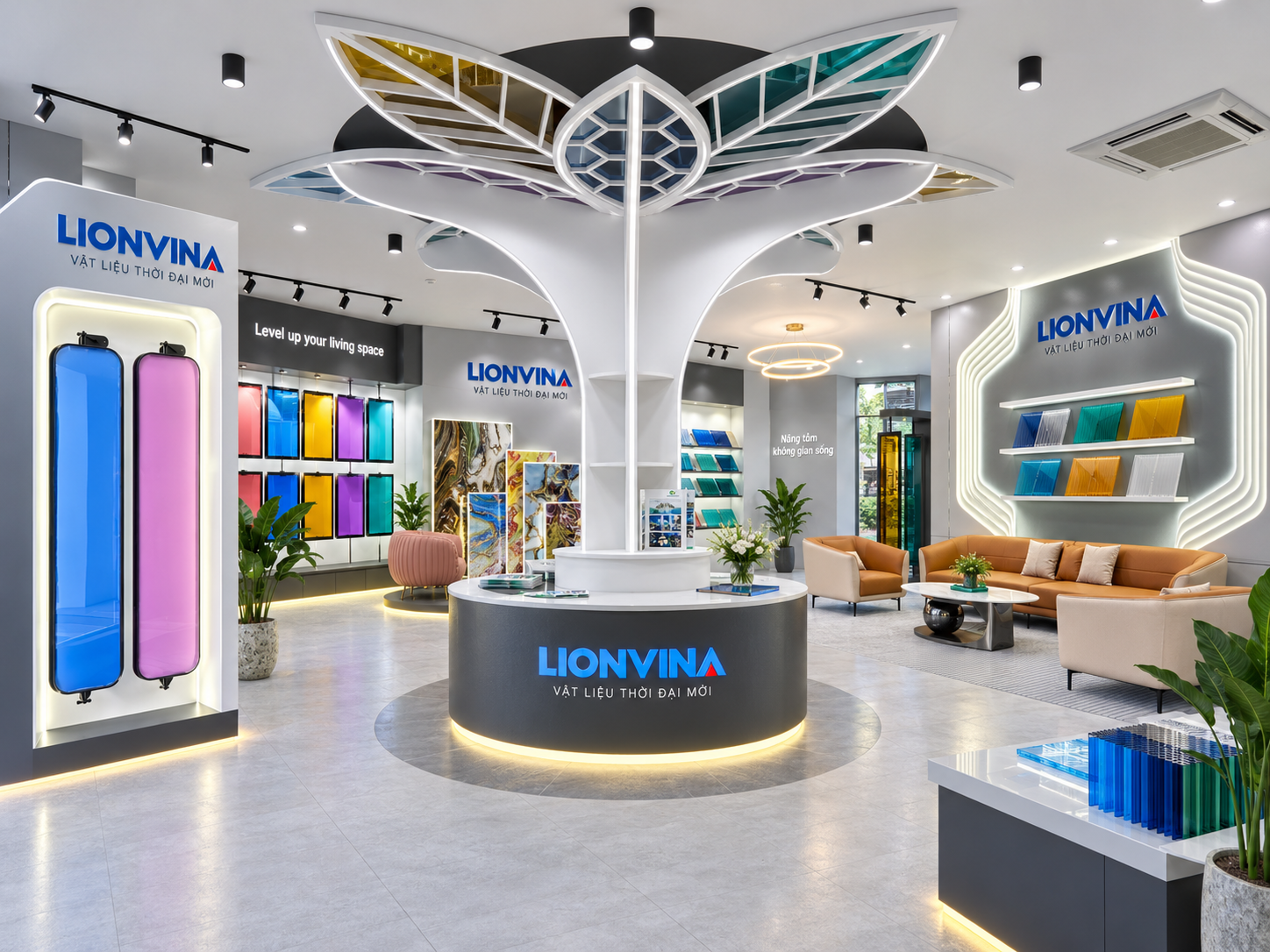 Overview of the LIONVINA showroom with a central material display tree