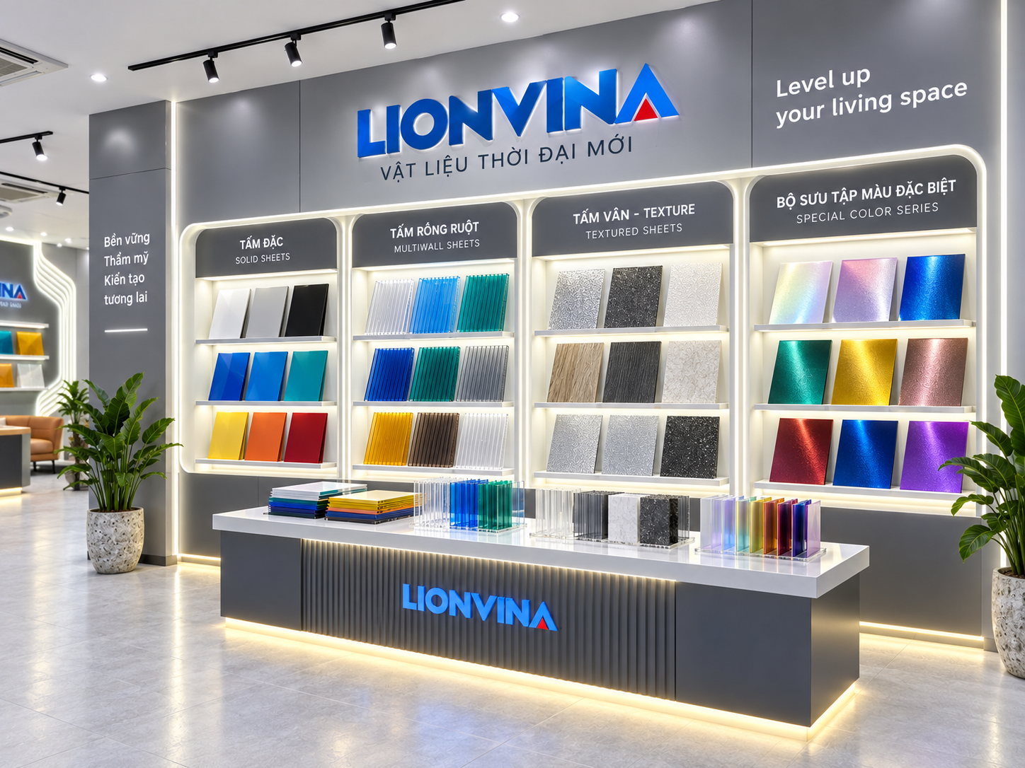 LIONVINA display space featuring sheet, surface and colour sample sets