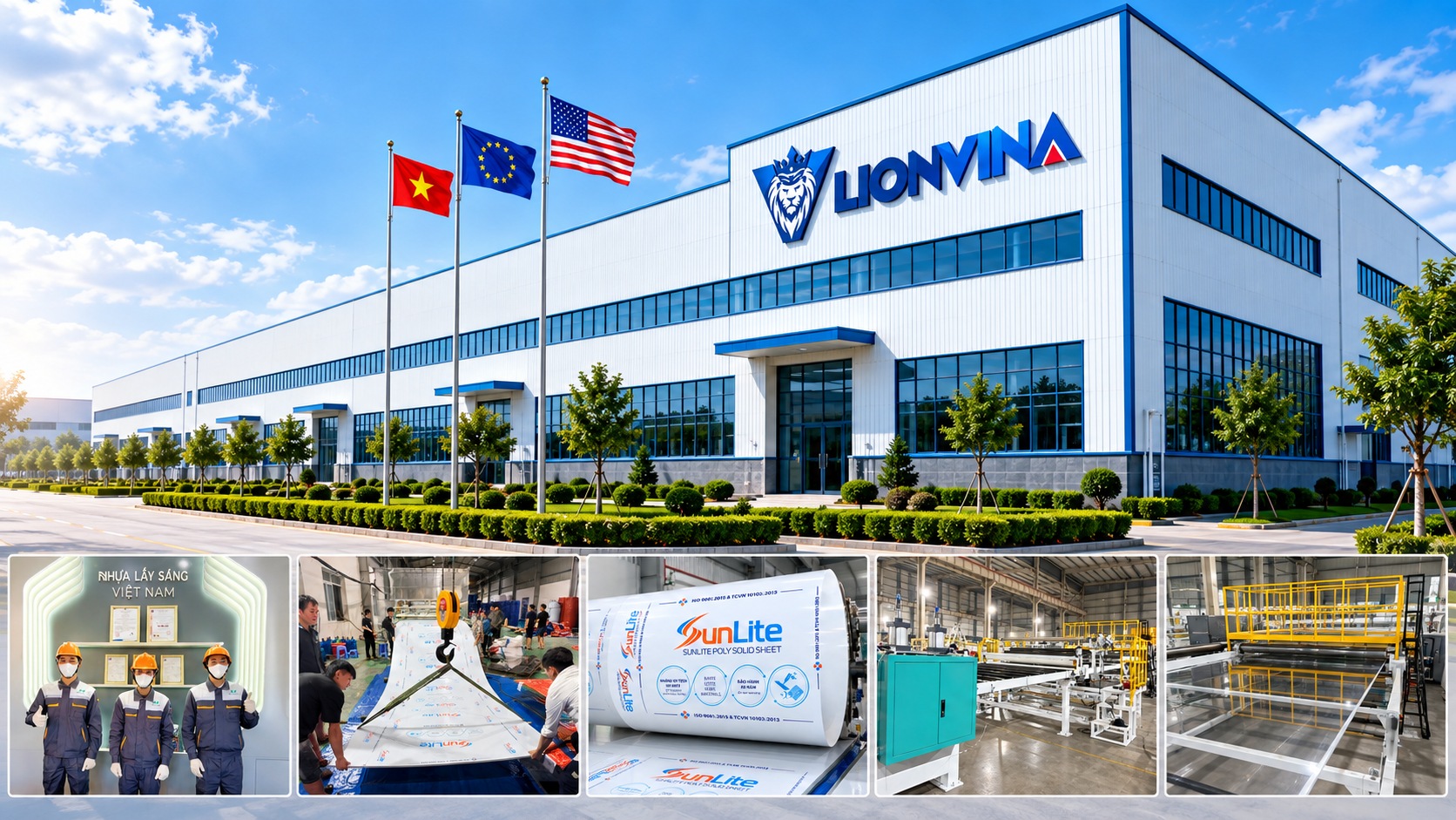 Banner LIONVINA với hình nhà máy và các hình ảnh sản xuất tấm Poly