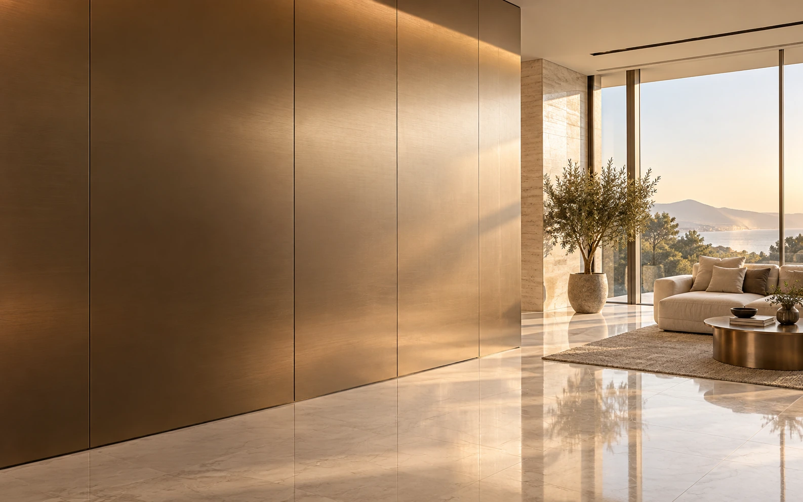 Interior space with champagne-coloured aluminium composite cladding