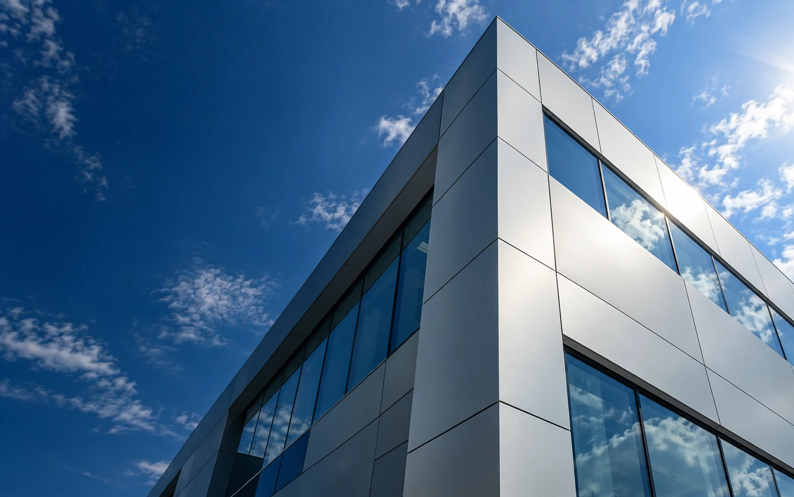 Exterior aluminium façade in sunlight
