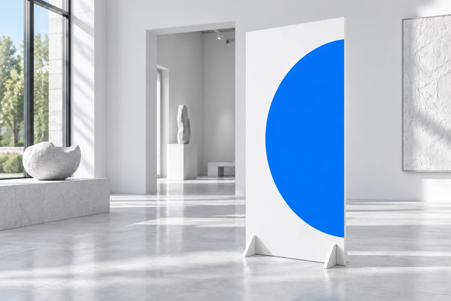 Rendering of a display board made from white board with blue graphics