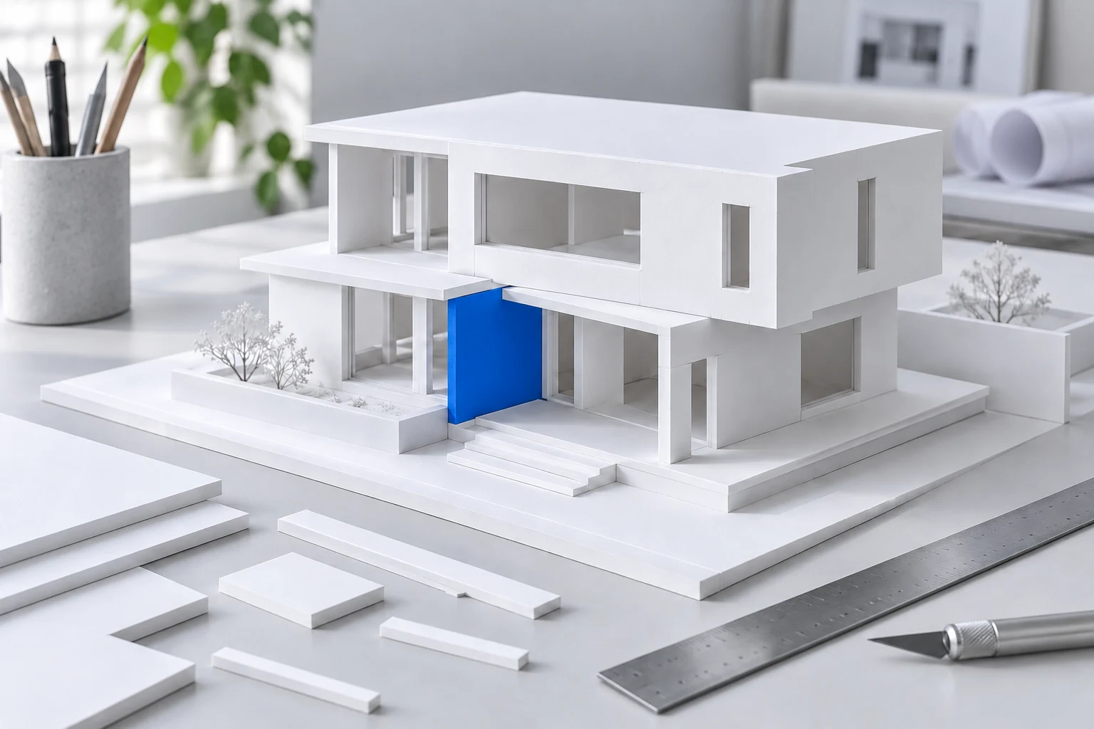 Rendering of an architectural model cut from white PVC foam board