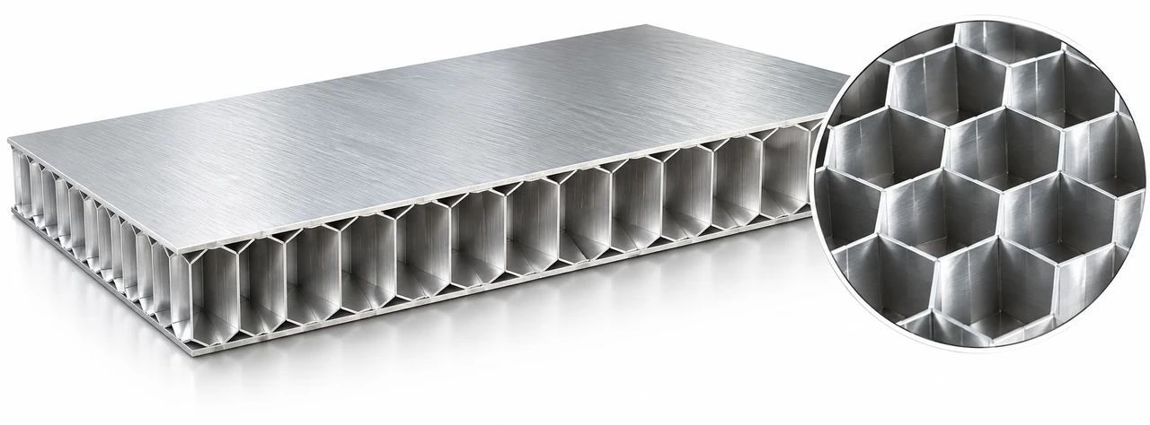 Close-up of an aluminium honeycomb core with hexagonal cells