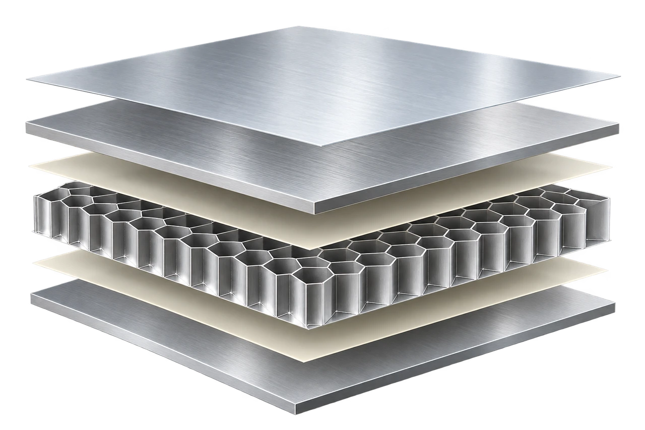 Aluminium honeycomb panel construction comprising aluminium skins, bonding adhesive and a hexagonal core