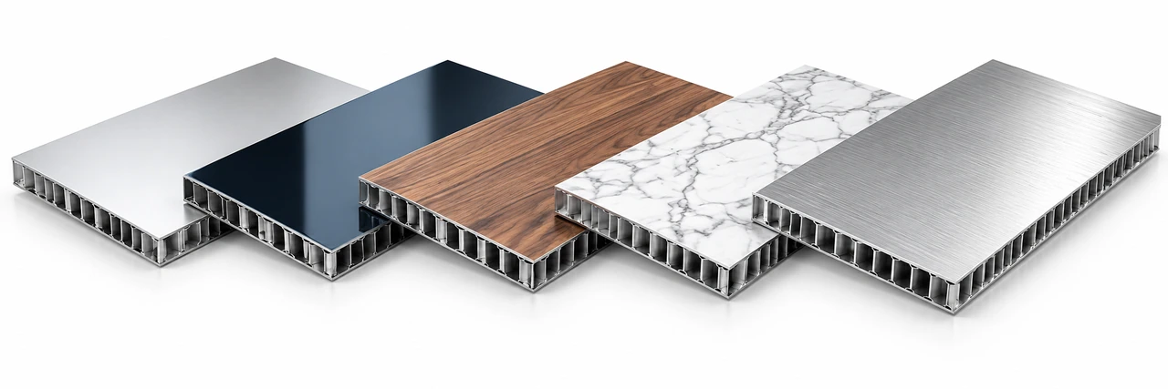 Five common surface finishes: matt, mirror, wood grain, stone effect and metallic