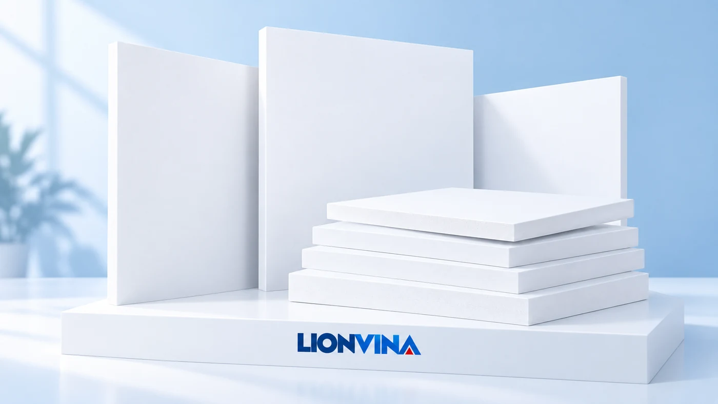 Render minh họa các tấm Fomex trắng và cạnh cắt, nhận diện LIONVINA