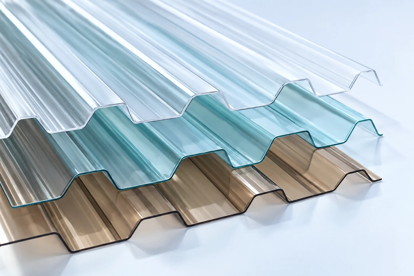 Illustration of three staggered corrugated polycarbonate sheets in clear, lake blue and bronze