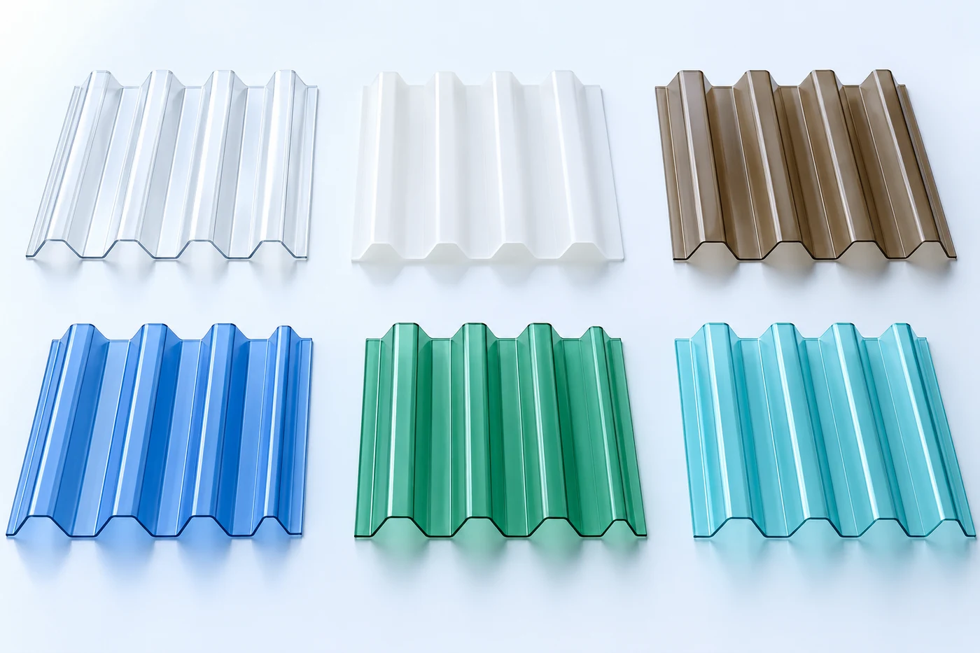 Six illustrative corrugated polycarbonate colour groups: clear, opal white, brown, blue, green and lake blue