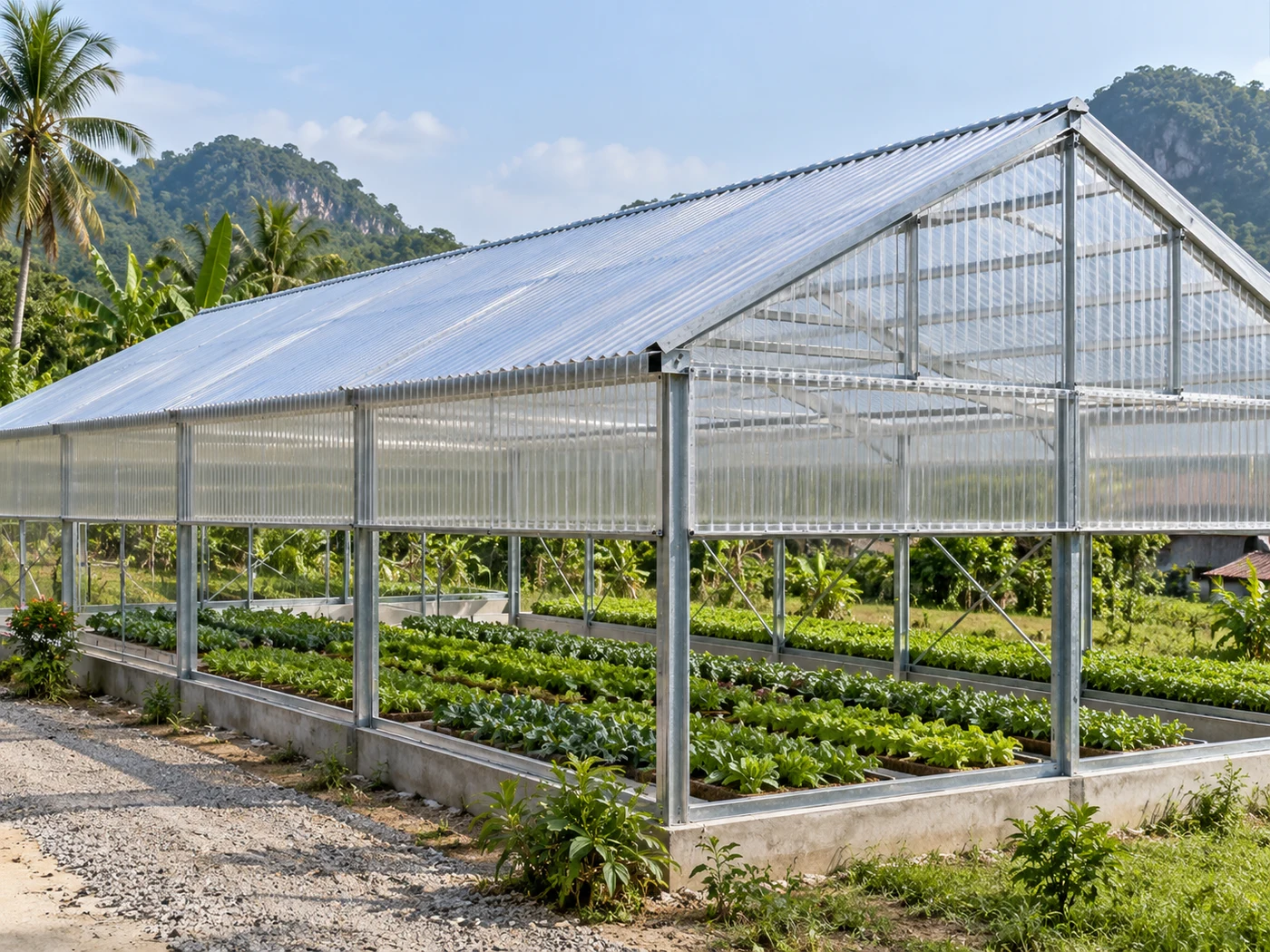Illustration of a greenhouse and growing area using corrugated polycarbonate sheets