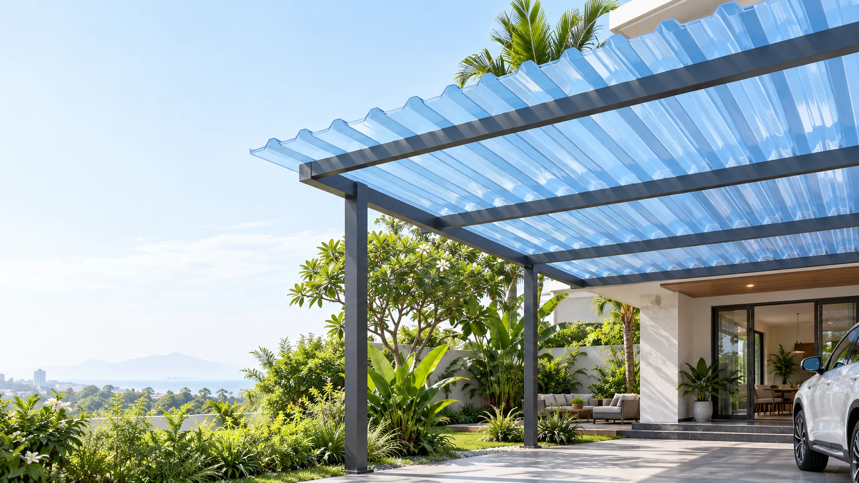 Illustration of light blue corrugated polycarbonate roofing on a metal frame