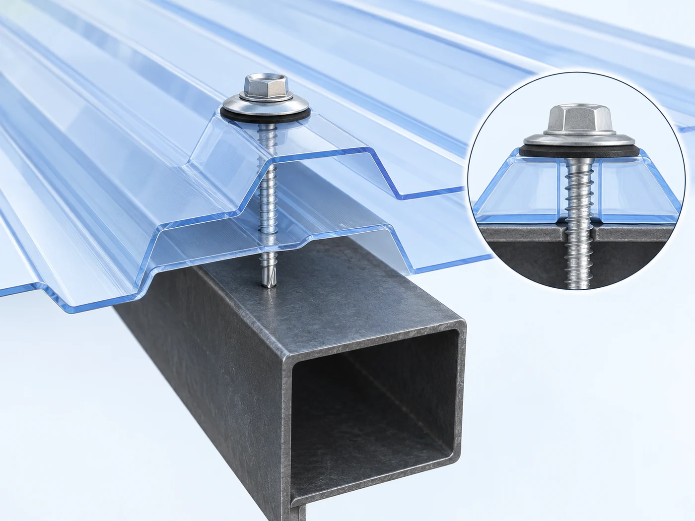 Illustration of a screw and washer fixing corrugated polycarbonate to a metal purlin