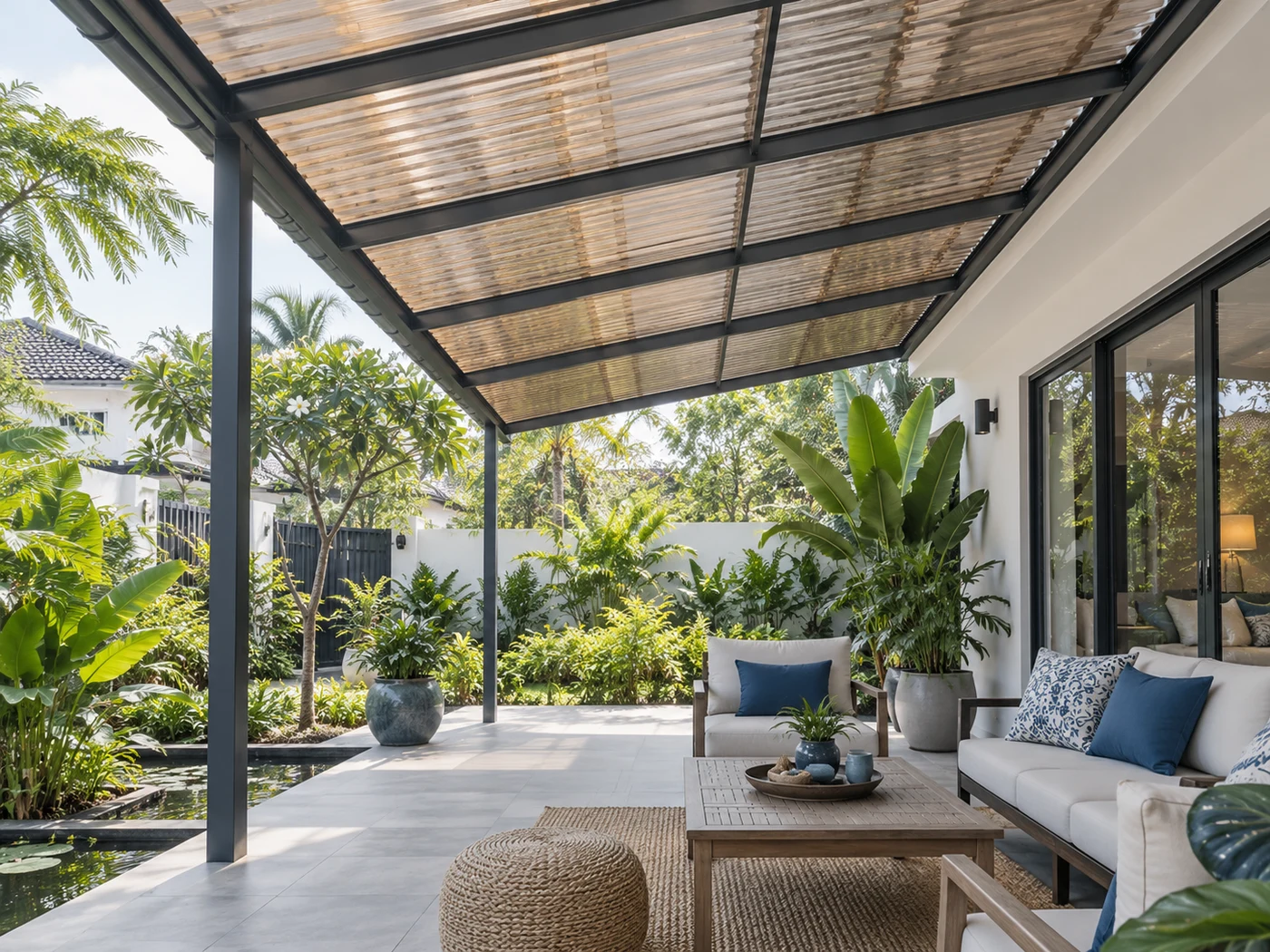 Illustration of an awning and carport using corrugated polycarbonate sheets