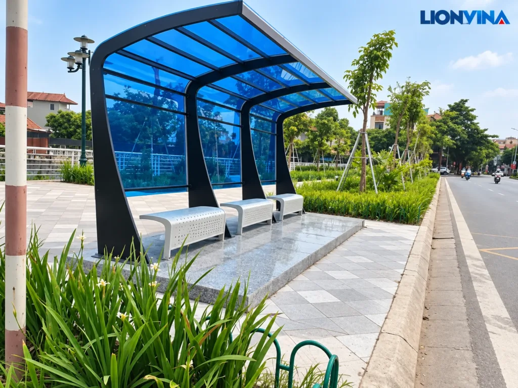 Waiting area canopy with blue daylighting sheets and LIONVINA logo