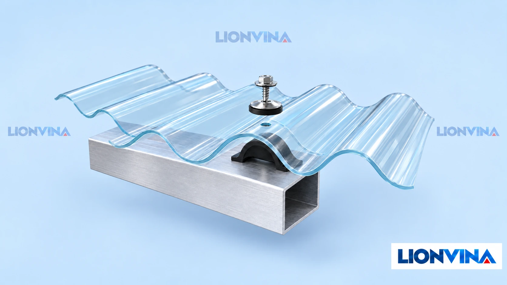 Sơ đồ tách lớp LIONVINA: vít, vòng đệm và gối đỡ tại đỉnh sóng của một hệ tấm polycarbonate