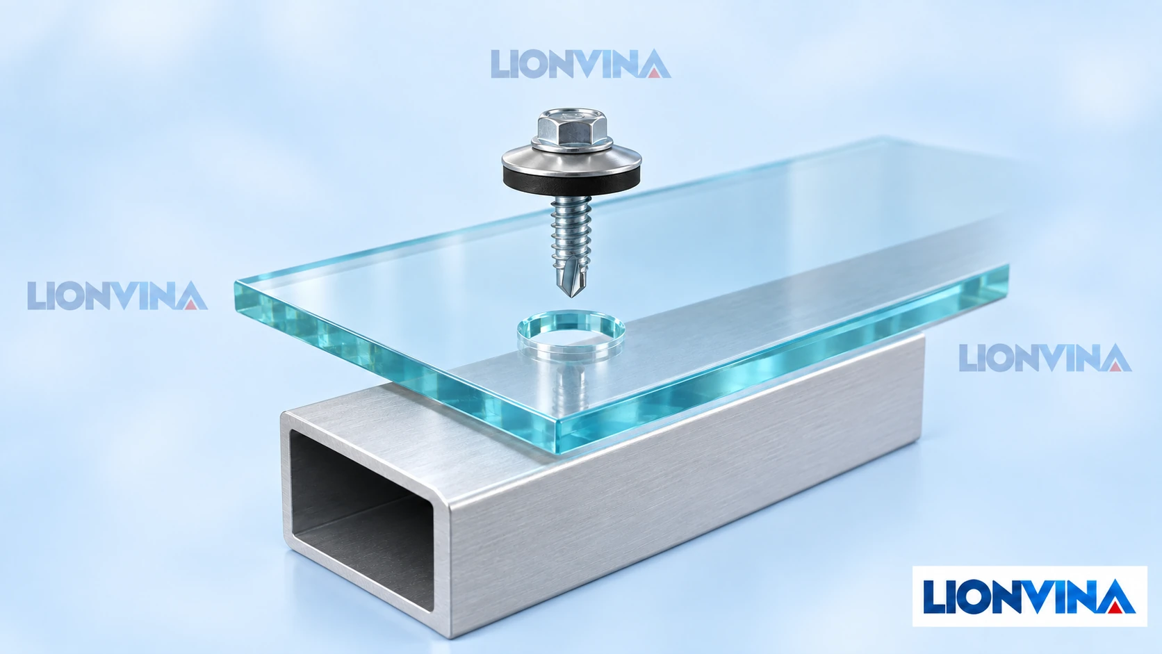 Sơ đồ tách lớp LIONVINA: vít và vòng đệm trên lỗ khoan chừa chuyển động nhiệt của liên kết xuyên tấm