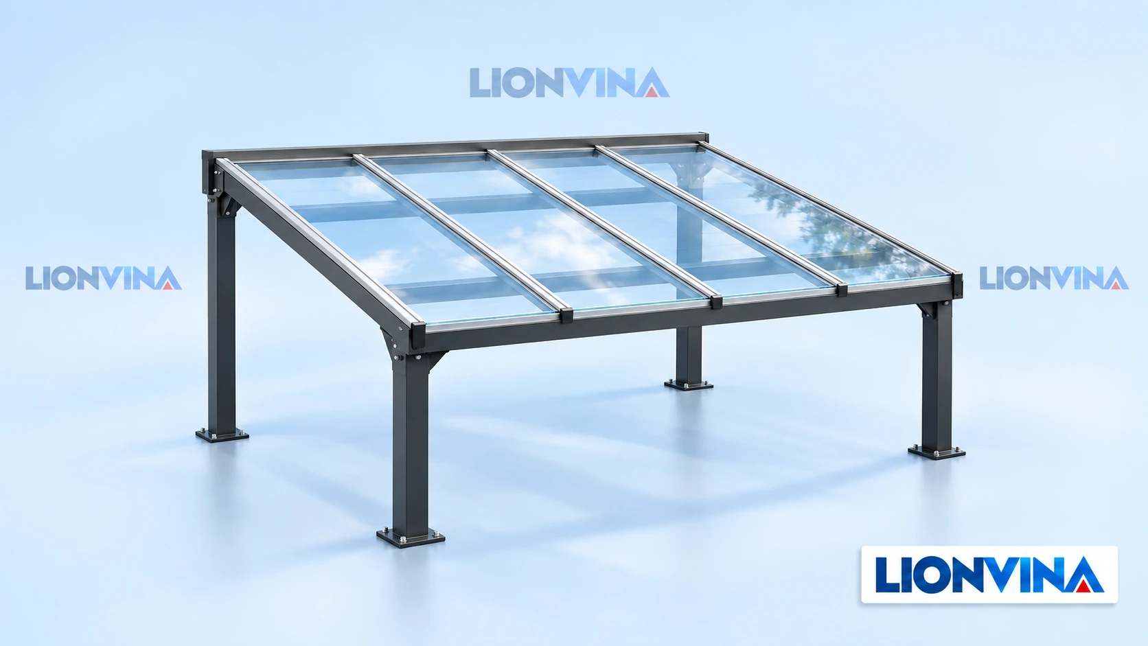 Hình minh họa LIONVINA: mái che polycarbonate trên hệ khung đỡ