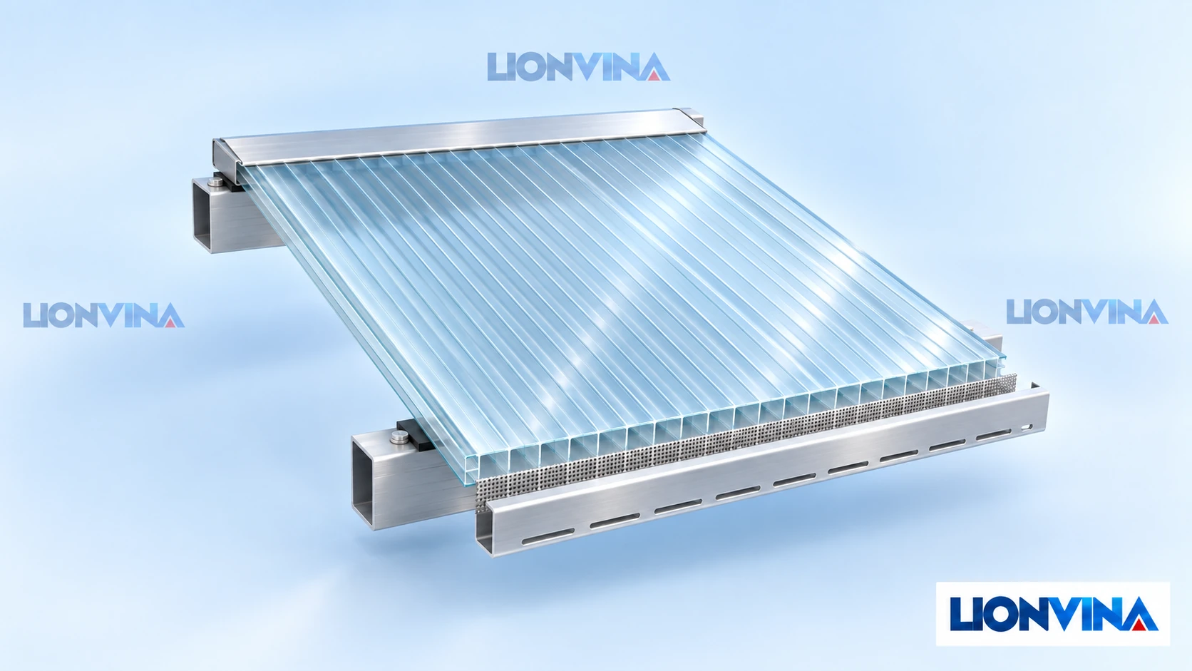 Sơ đồ tách lớp LIONVINA: khoang tấm rỗng theo hướng dốc, băng thoáng và nẹp U tại đầu thấp