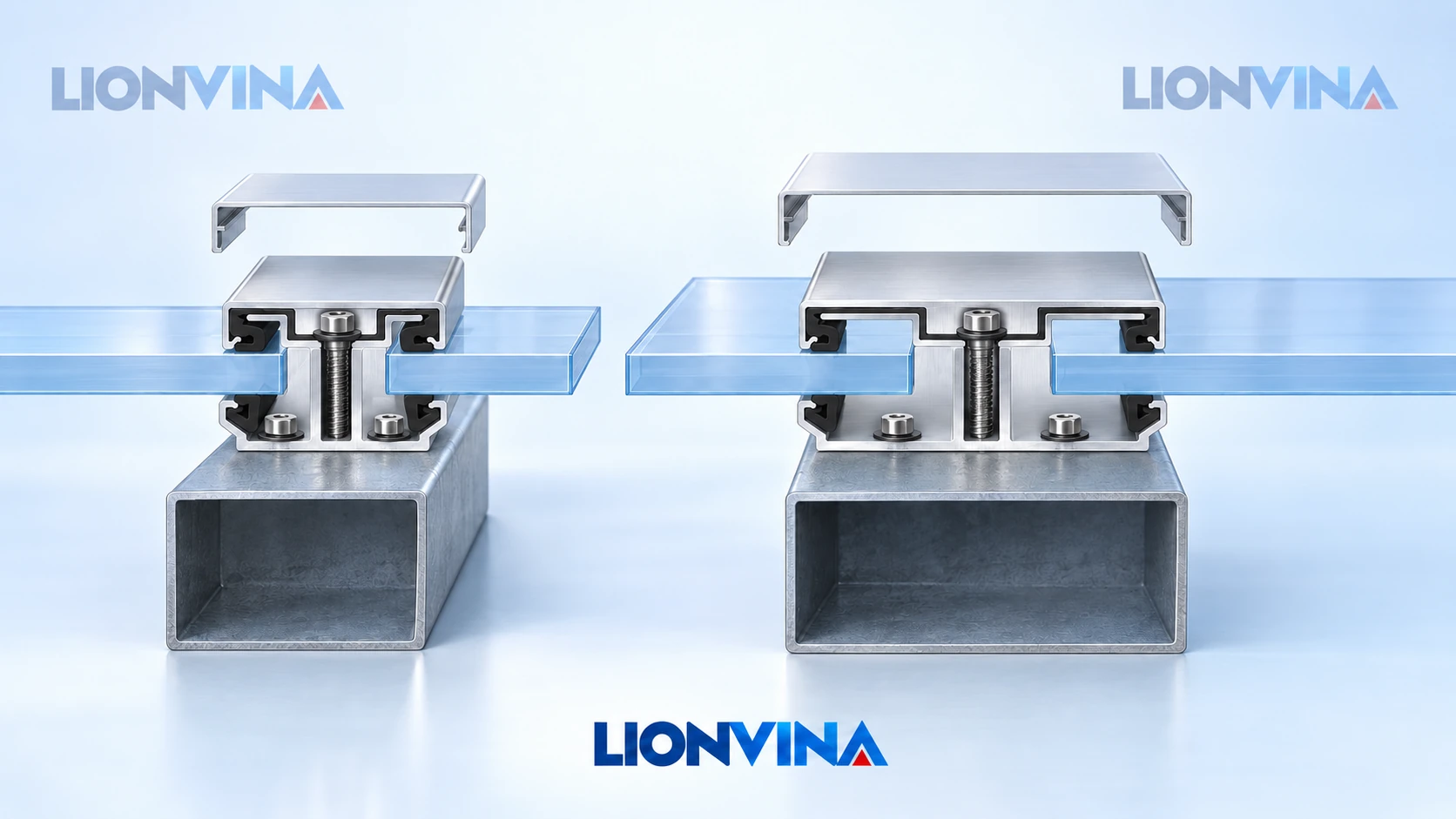 Mặt cắt minh họa LIONVINA: hai dạng nẹp nối, mép tấm tiếp xúc gioăng, đế tựa khung và nắp U được nâng để thấy liên kết