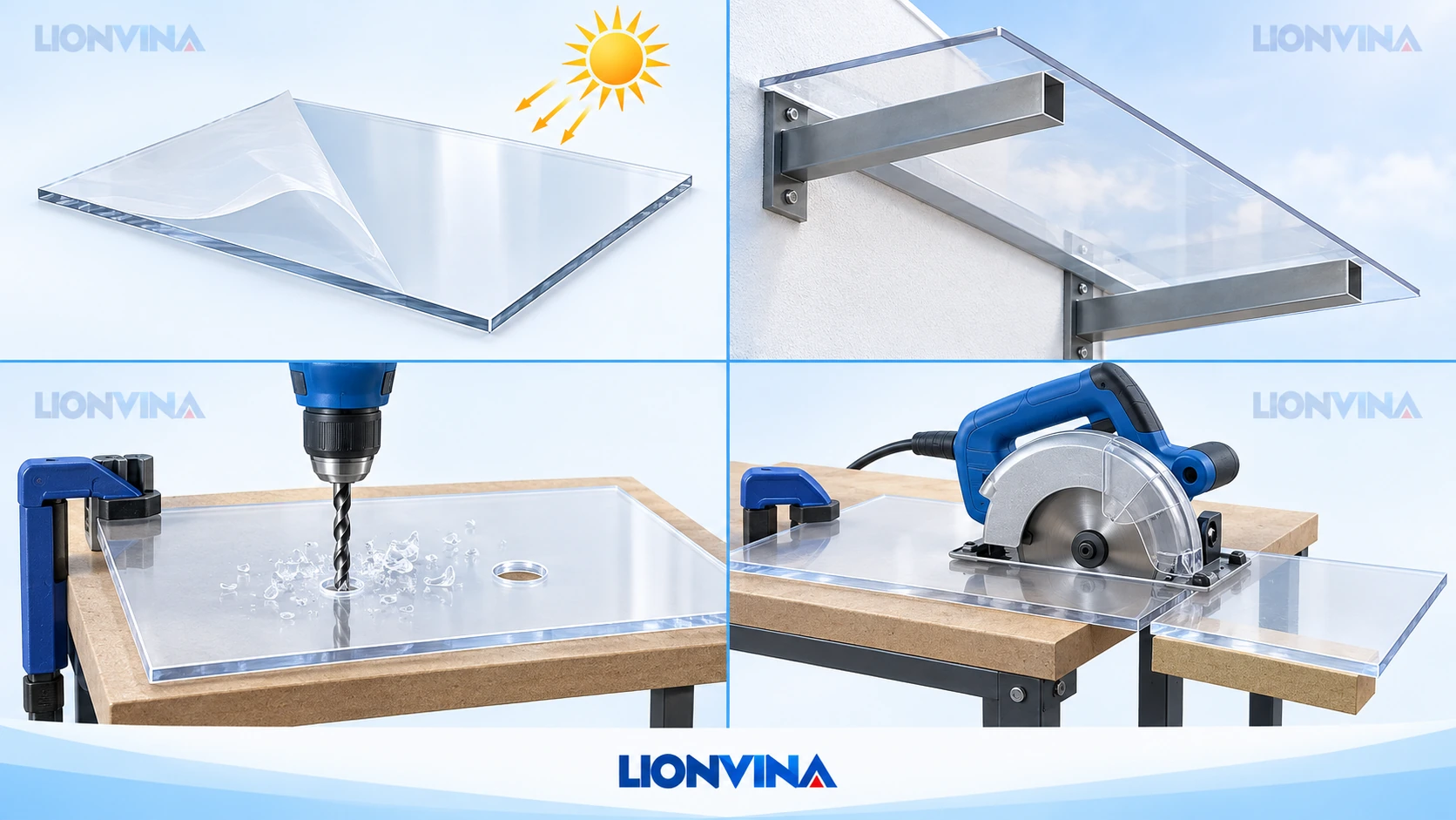 Bốn cảnh minh họa LIONVINA: mặt UV, khung và hướng dốc, khoan vuông góc, cắt tấm trên bàn đỡ