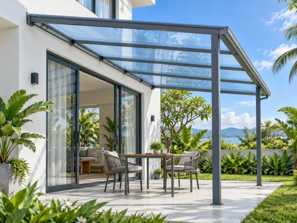 Minh họa mái hiên polycarbonate xanh nhạt gắn vào nhà, khung thép và góc thư giãn bên dưới.