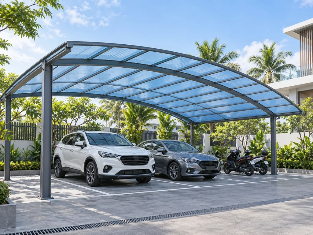 Minh họa nhà xe mái vòm polycarbonate che ô tô và xe máy.