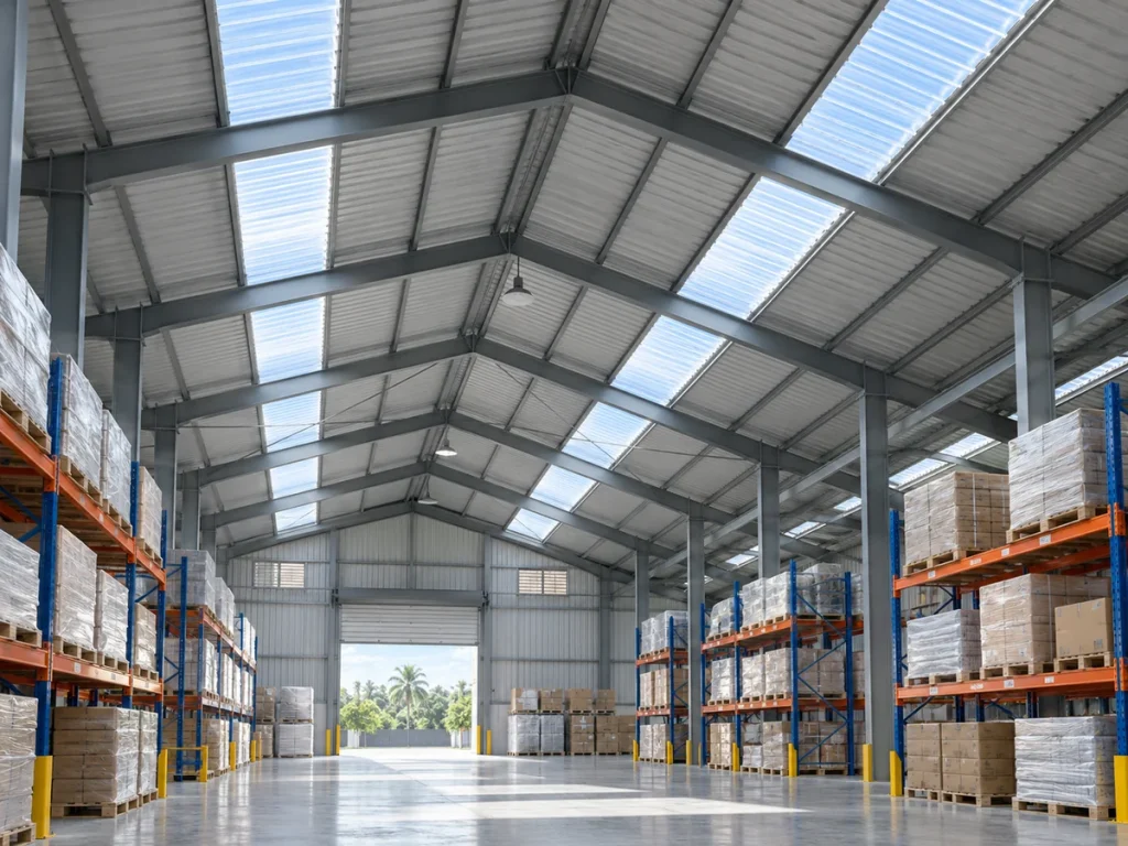 Minh họa dải tấm polycarbonate lấy sáng xen mái tôn trong nhà xưởng.