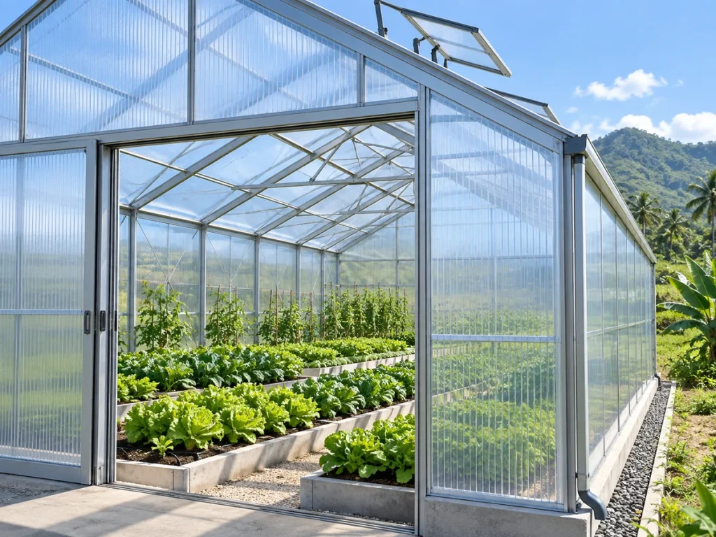Minh họa nhà trồng rau có mái và vách polycarbonate trên khung nhôm.