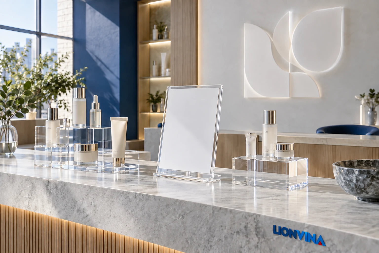Illustration of display counters, information boards and interior details using acrylic sheets