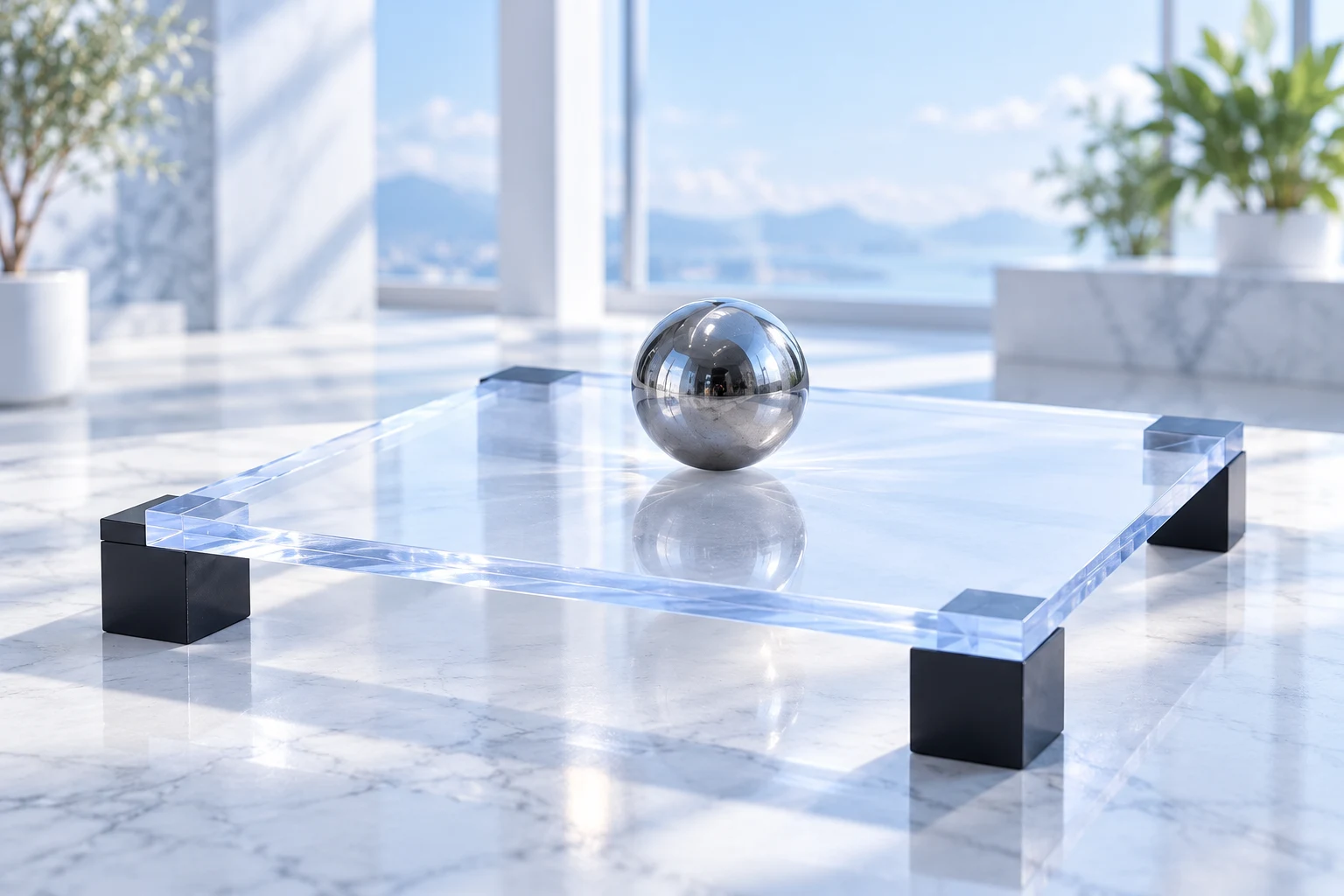Minh họa quả cầu thép trên một tấm Polycarbonate đặc nguyên vẹn