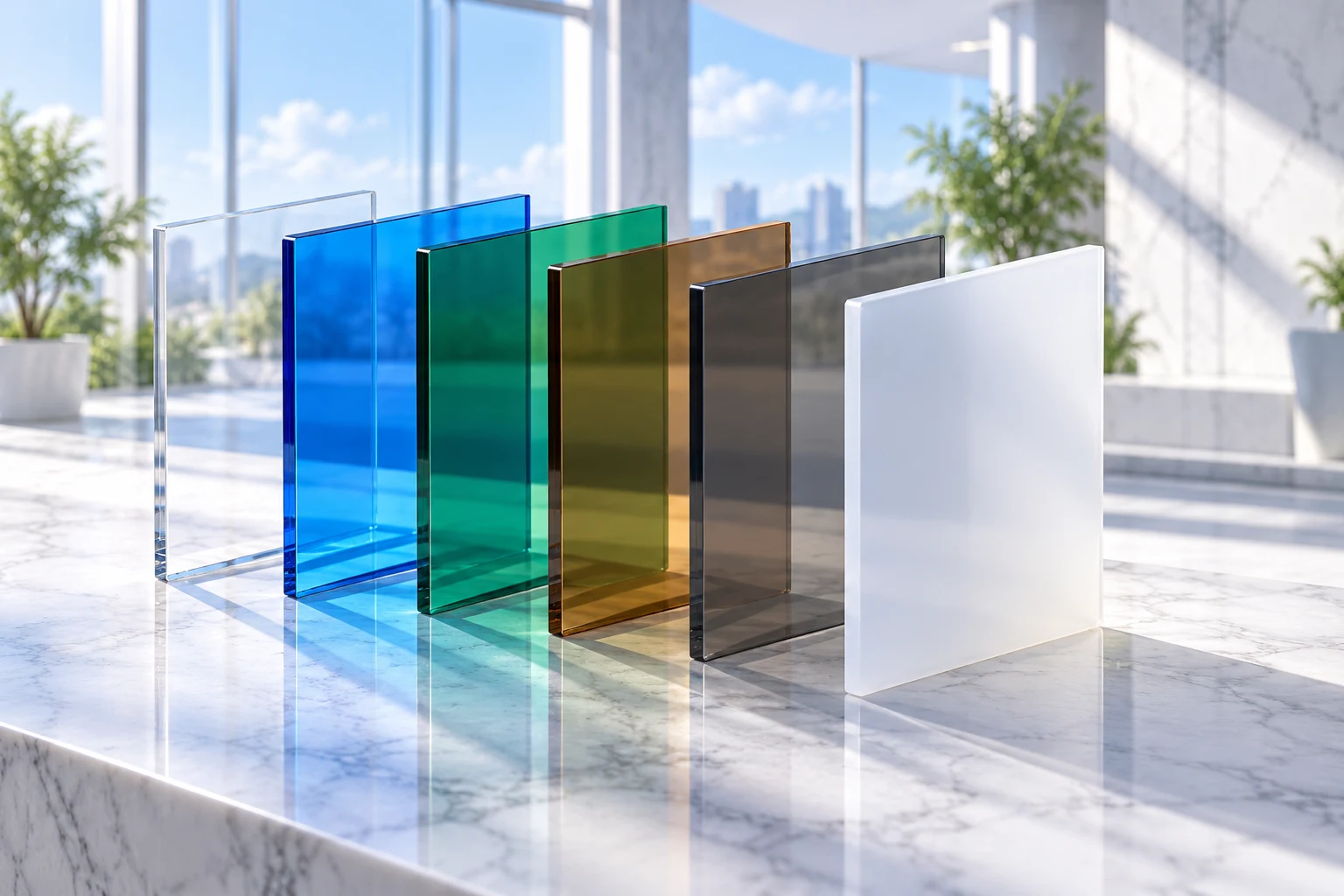 Minh họa các tấm Polycarbonate đặc nhiều màu trong không gian trưng bày