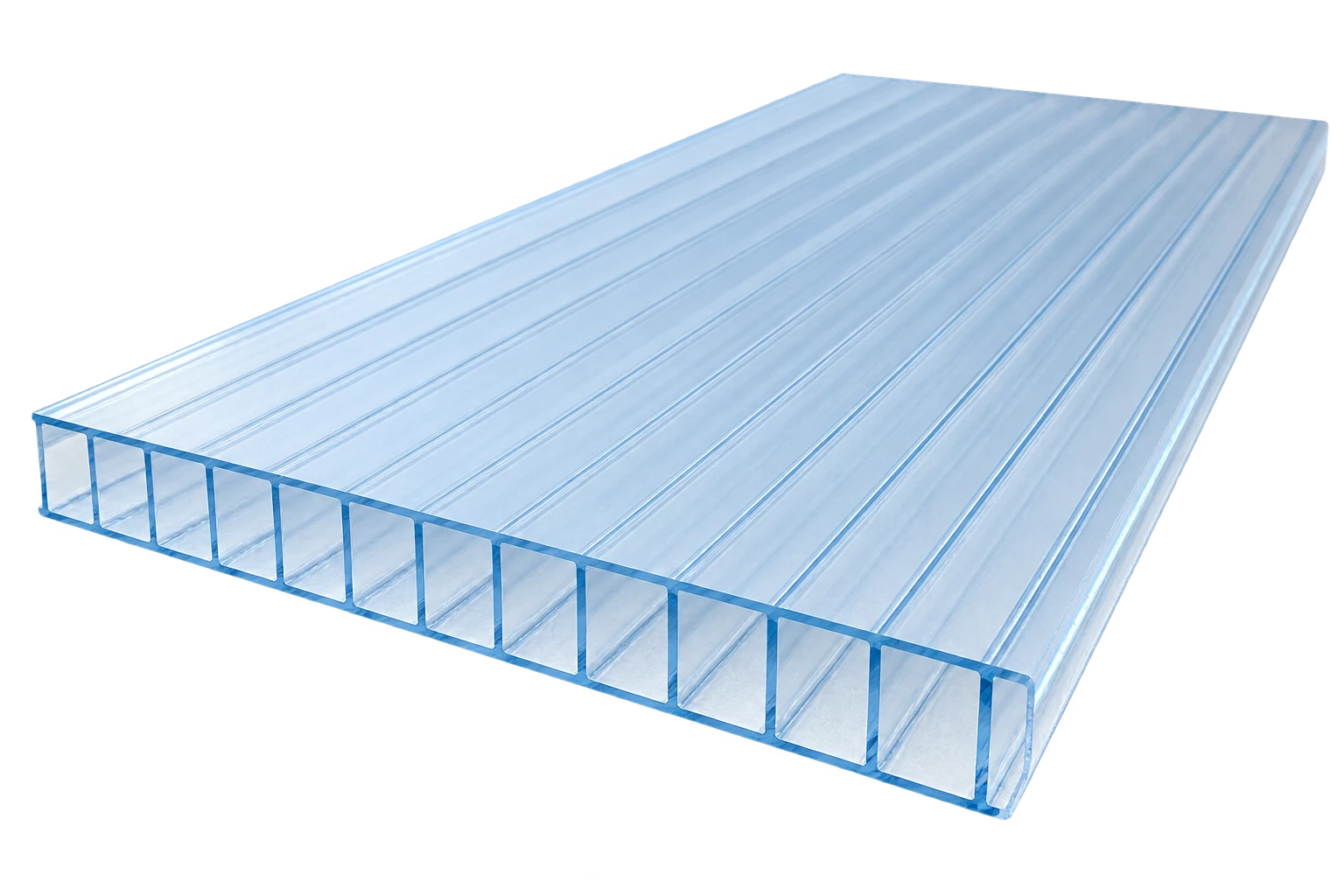 Illustration of a twinwall polycarbonate sheet with two faces and one row of longitudinal rectangular chambers