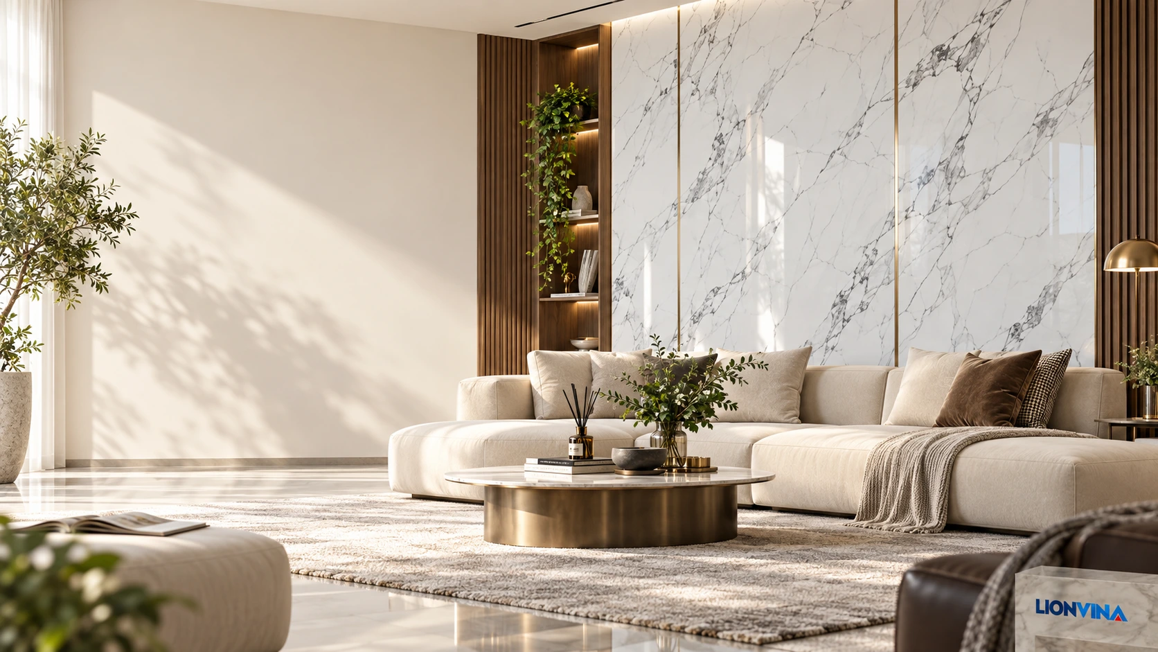 Living room rendering with a light marble-effect feature wall and LIONVINA branding