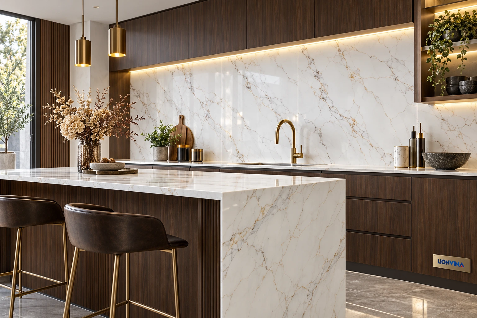 Illustrative rendering of a kitchen wall with marble-effect cladding