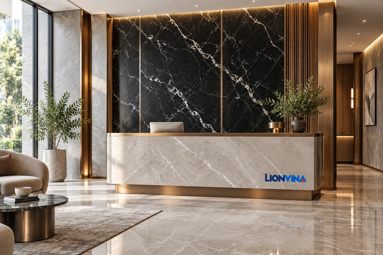Illustrative rendering of a lobby and reception desk with marble-effect cladding