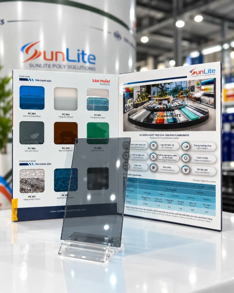 Mẫu tấm Poly SUNLITE màu Xám khói bên catalogue