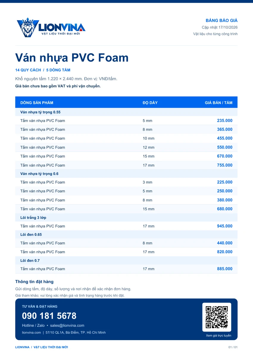 Bảng giá LIONVINA gồm 14 quy cách ván nhựa PVC Foam