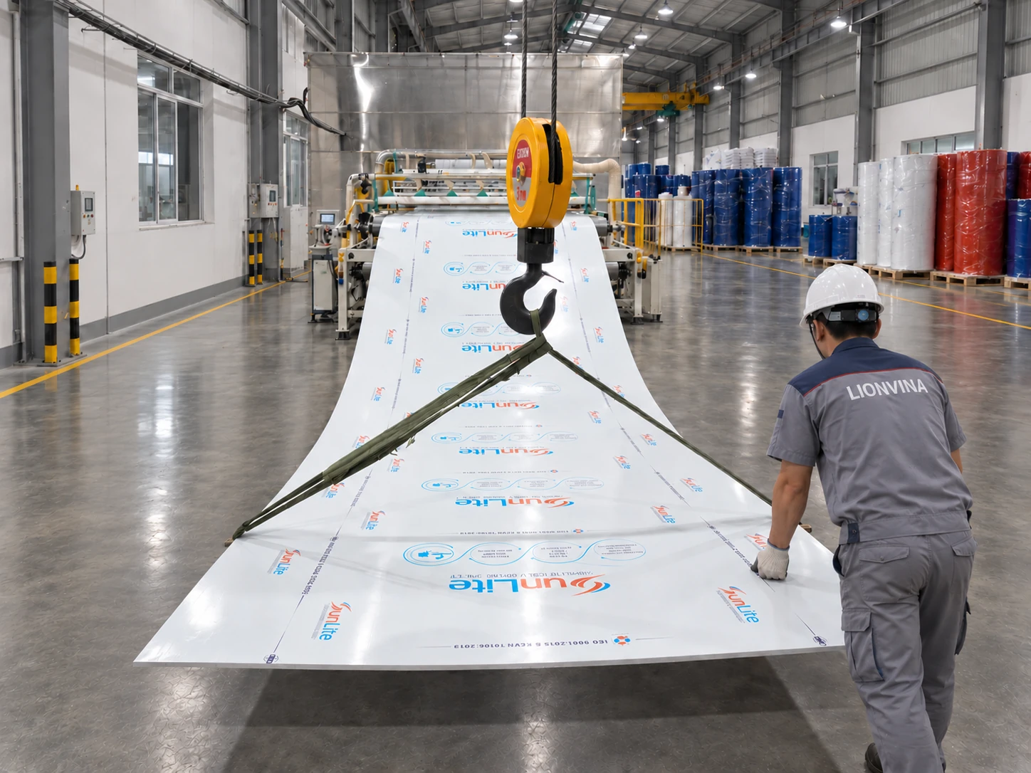 Nhân sự LIONVINA vận hành nâng tấm SUNLITE tại khu vực sản xuất