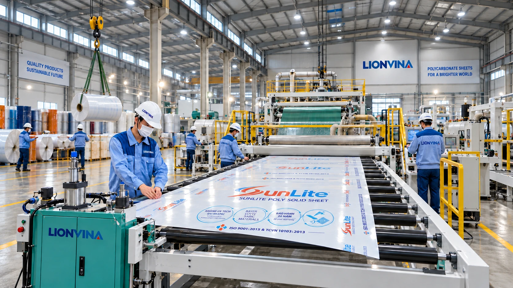 Toàn cảnh bên trong nhà máy LIONVINA với dây chuyền sản xuất tấm SUNLITE và đội ngũ vận hành